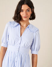 Frill Collar Stripe Poplin Dress, Blue (BLUE), large