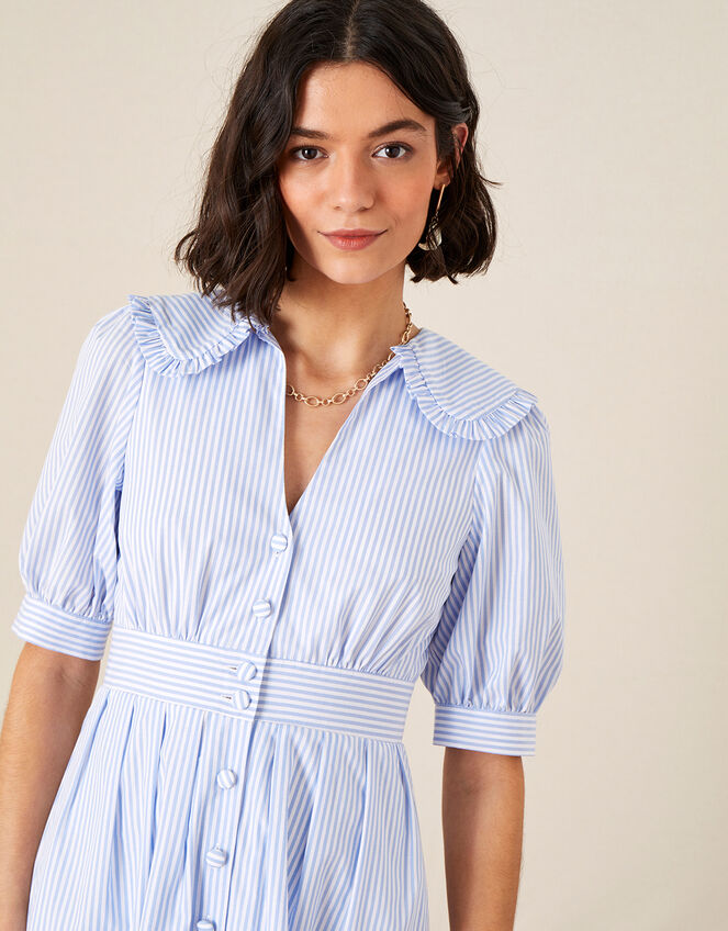 Frill Collar Stripe Poplin Dress, Blue (BLUE), large