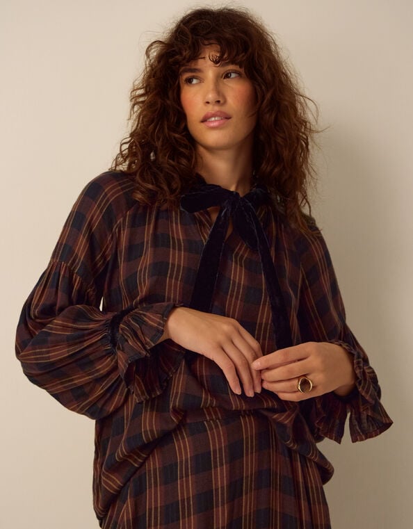 Elsa Check Print Blouson Blouse, Brown (BROWN), large