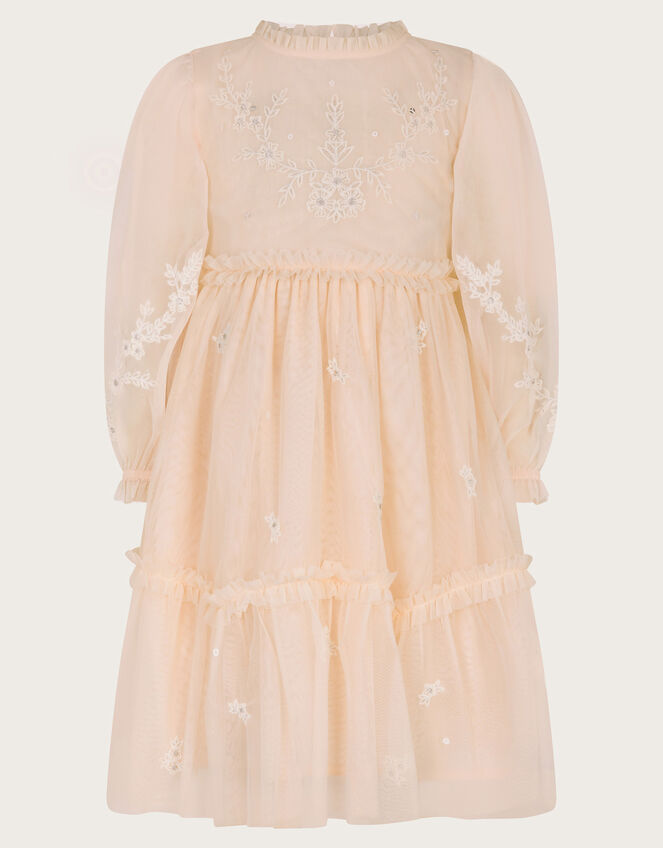 Elena Long Sleeve Floral Embroidered Tulle Dress, Pink (PALE PINK), large