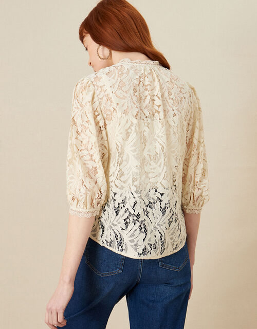 Blair Button Lace Crop-Sleeve Blouse, Cream (CREAM), large