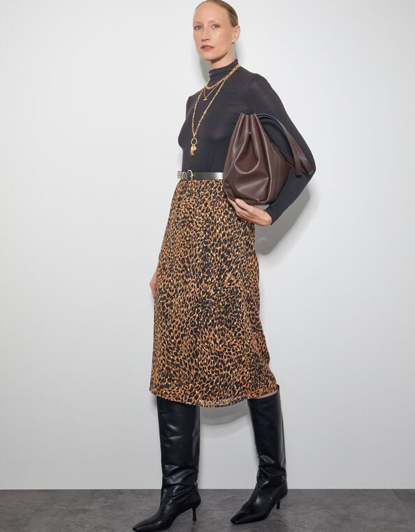 Liza Leopard Print Midi Skirt, Brown (BROWN), large
