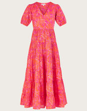 Tiered Leaf Print Maxi Dress , Orange (ORANGE), large