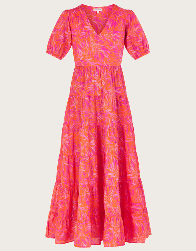 Tiered Leaf Print Maxi Dress , Orange (ORANGE), large
