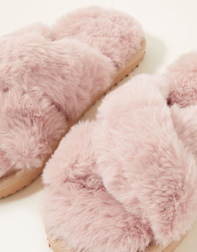 Cross Strap Fluffy Sliders, Pink (PINK), large