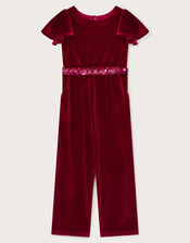 Sequin Belt Velour Jumpsuit, Red (RED), large
