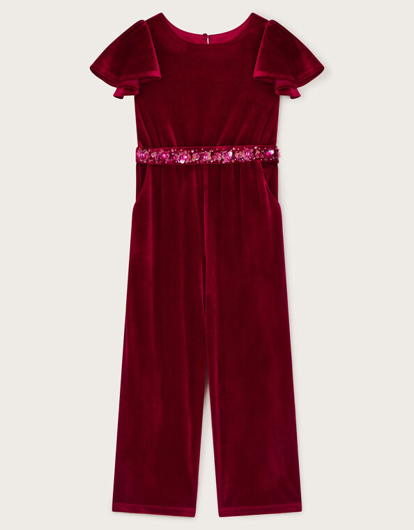 Sequin Belt Velour Jumpsuit, Red (RED), large