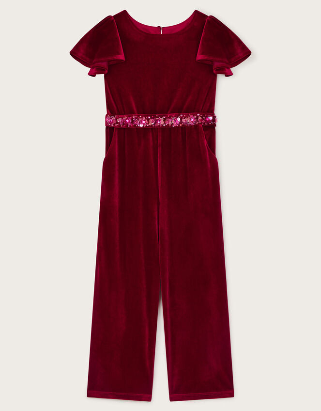 Sequin Belt Velour Jumpsuit, Red (RED), large