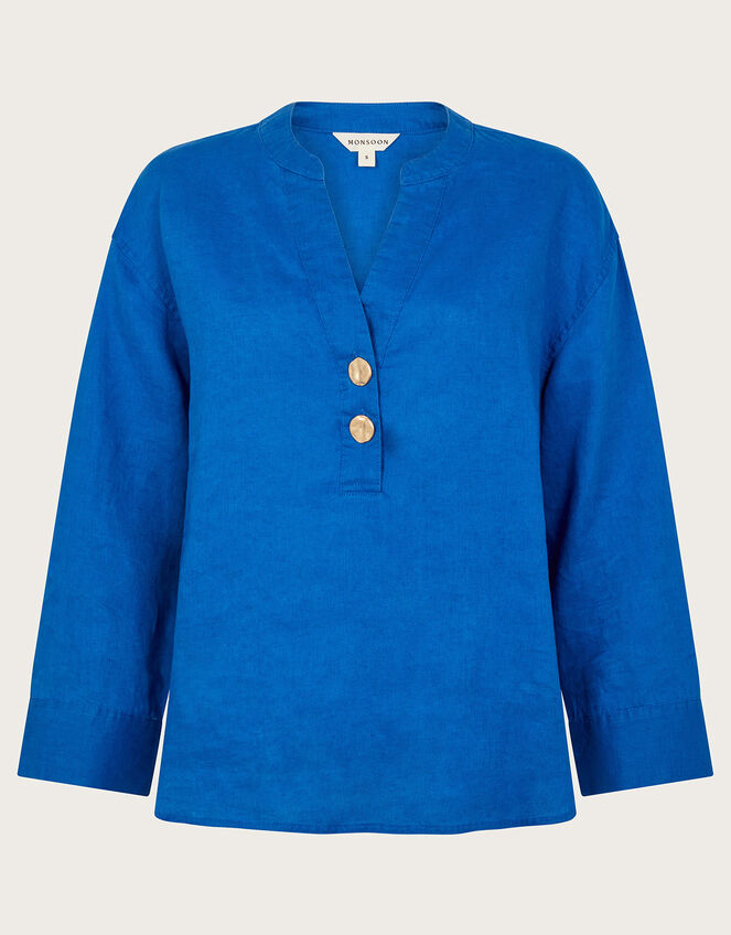 Camille Button Linen Top, Blue (COBALT), large