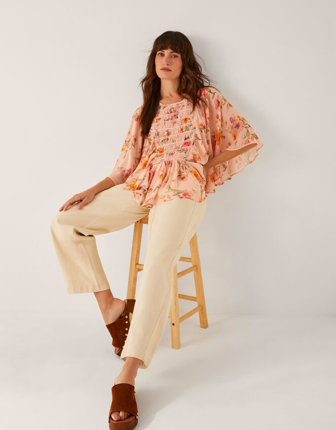 Cassia Shirred Floral Print Blouse, Nude (NUDE), large