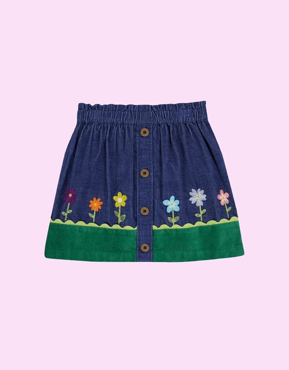 Frugi Cara Floral Embroidered Corduroy Skirt, Blue (NAVY), large