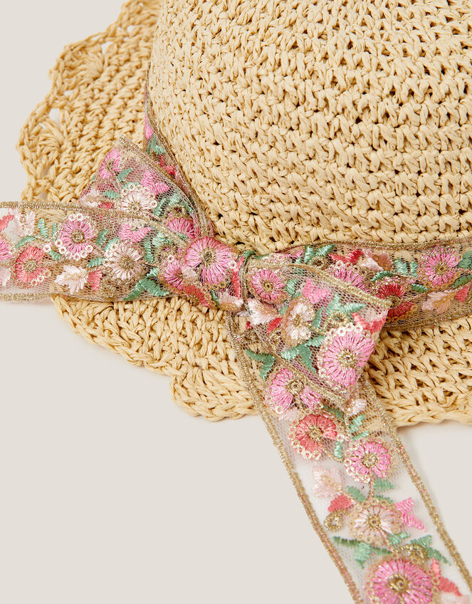 Floral Bow Straw Bucket Hat, Pink (PINK), large