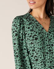 Floral V-Neck Long Sleeve Top, Green (GREEN), large