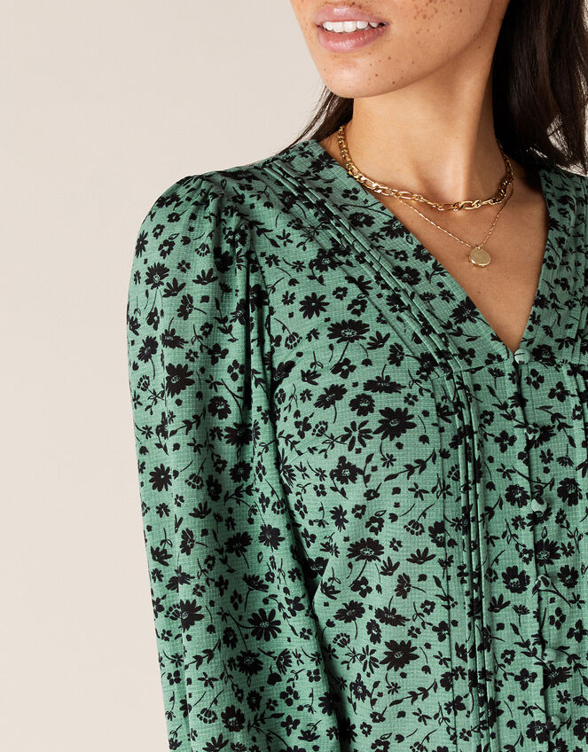 Floral V-Neck Long Sleeve Top, Green (GREEN), large