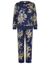 Foil Flower Sweatshirt and Joggers Set, Blue (NAVY), large
