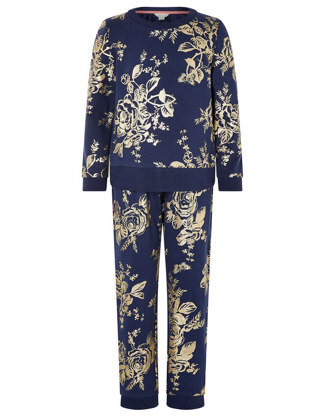 Foil Flower Sweatshirt and Joggers Set, Blue (NAVY), large