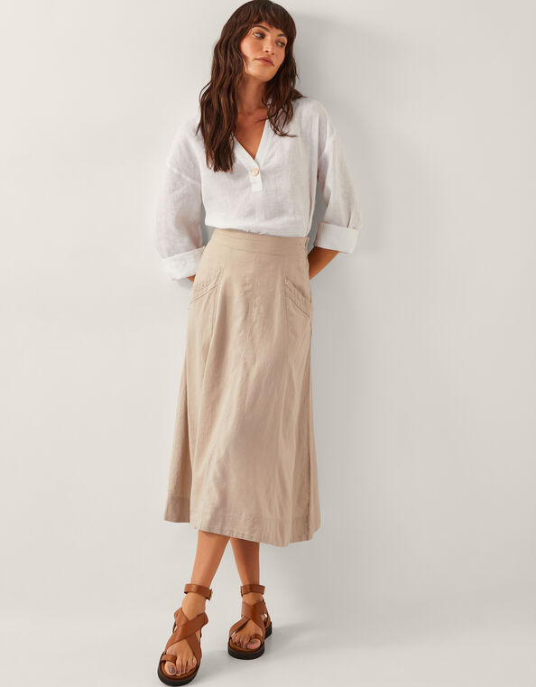 Harper Linen A-Line Midi Skirt, Natural (NATURAL), large