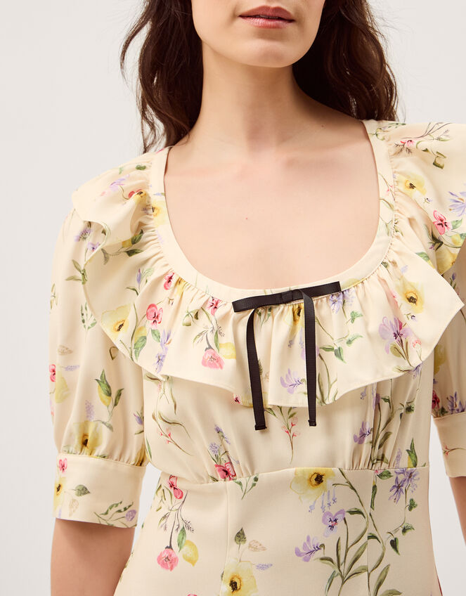 Sienna Frill Neck Floral Midi Dress Ivory