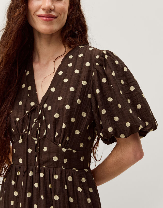Paris Puff Sleeve Polka Dot Midi Dress, Brown (CHOCOLATE), large