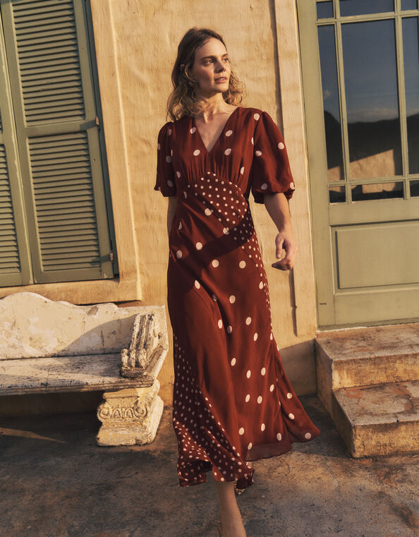 Amaya Puff Sleeve Polka Dot Maxi Dress, Red (BURGUNDY), large