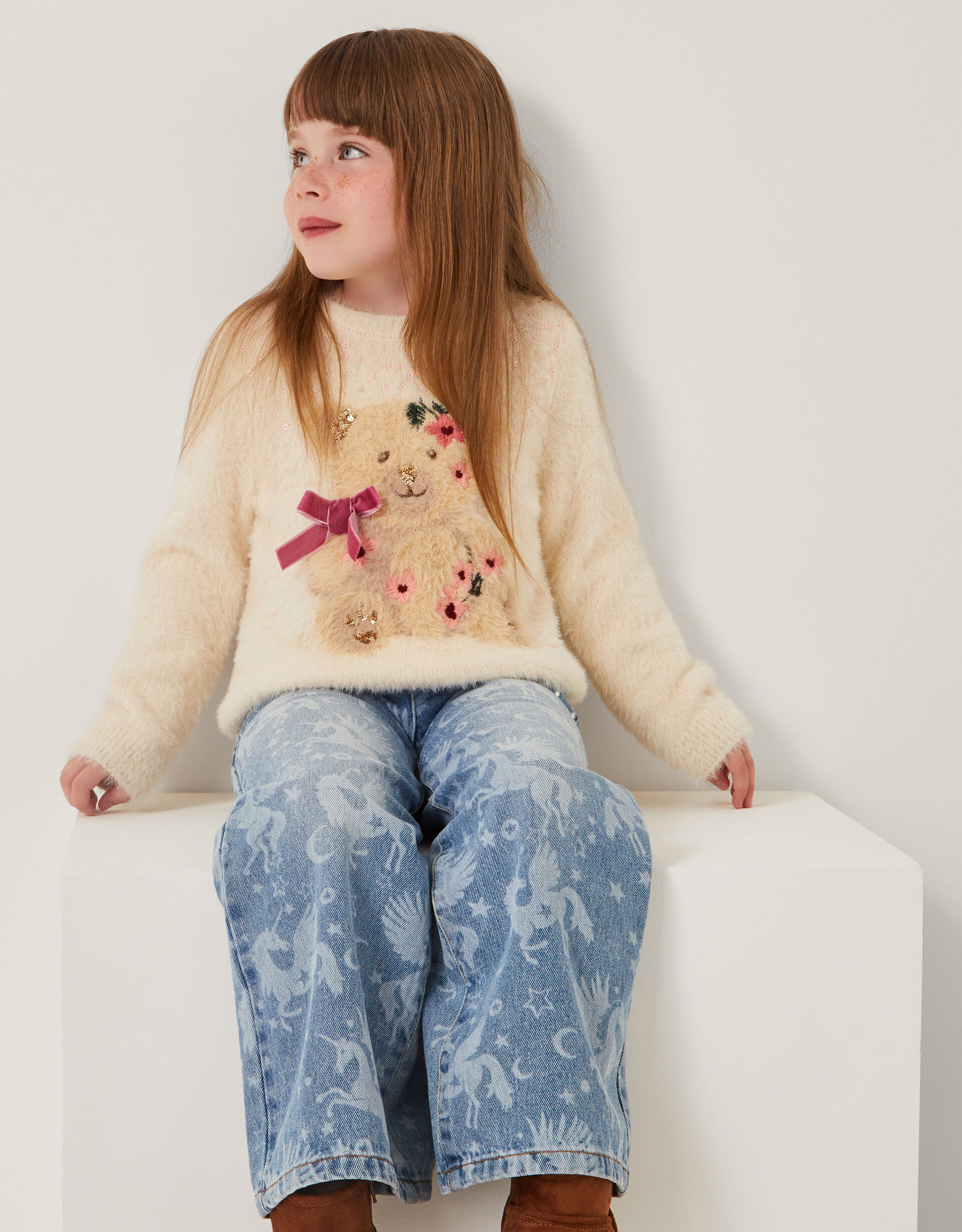 Bear Embellished Fuzzy Jumper Ivory
