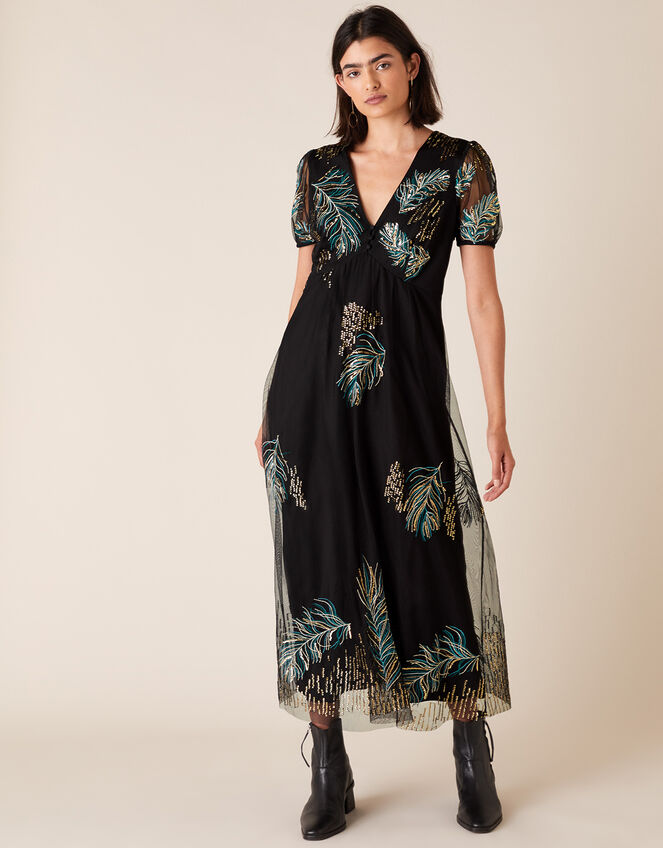 Gardenia Feather Embellished Tea Dress Black | Evening Dresses | Monsoon UK.