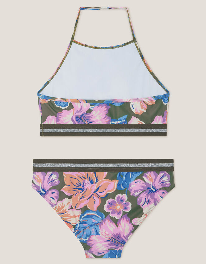 Floral Halter Bralette Bikini Set, Green (KHAKI), large