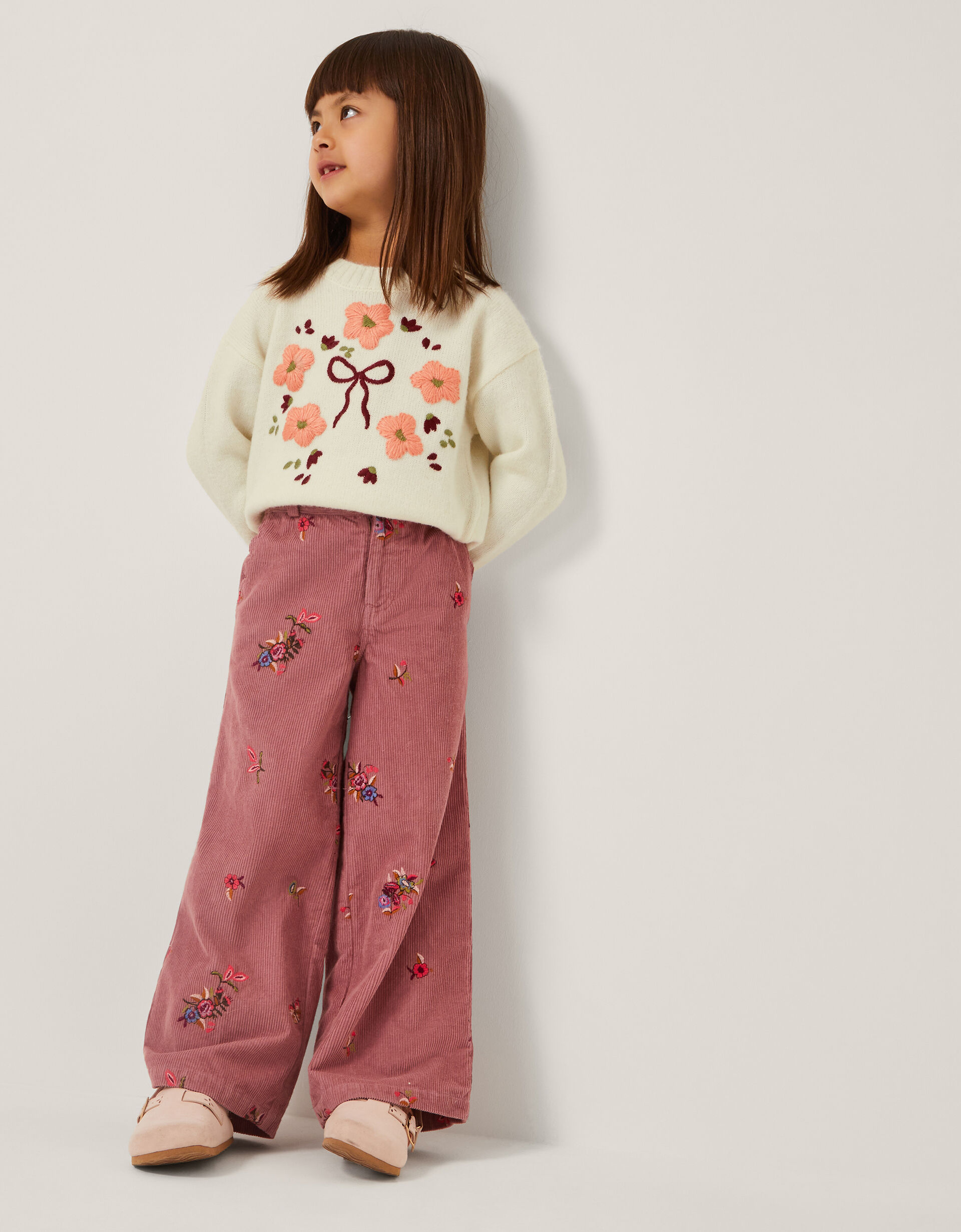 Embroidered Corduroy Wide Leg Trousers Pink