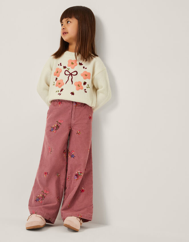 Embroidered Corduroy Wide Leg Trousers, Pink (PINK), large