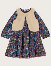 Baby Ditsy Jersey Dress with Faux Fur Gilet, Pink (PINK), large