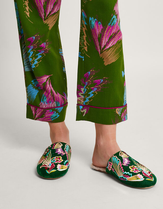 Camilla Bird Embroidered Slippers Green