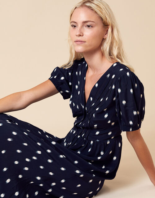 Spot Print Midi Dress in Sustainable Viscose, Blue (NAVY), large