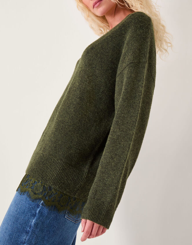 Leanne Lace V-Neck Jumper, Green (KHAKI), large