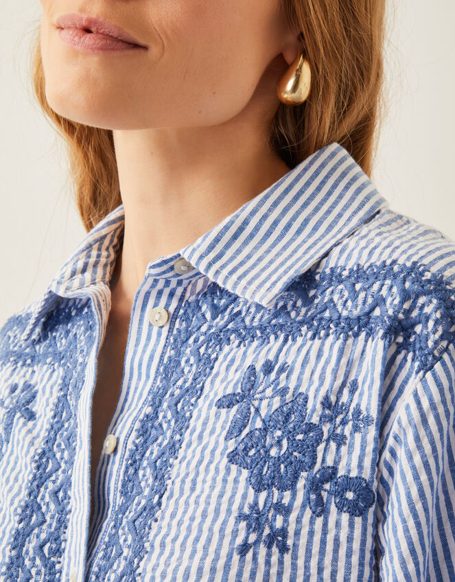 Marlowe Floral Embroidered Stripe Shirt, Blue (BLUE), large