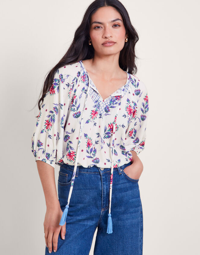 Aldina Floral Print Top, Ivory (IVORY), large