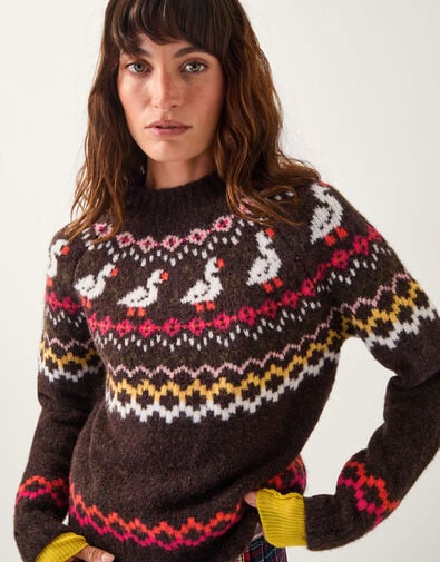 Monsoon x Sarah Corbett-Winder Duck Fair Isle Jumper, Brown (CHOCOLATE), large