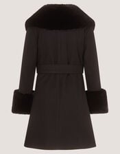 Faux Fur Collar Belted Coat, Black (BLACK), large