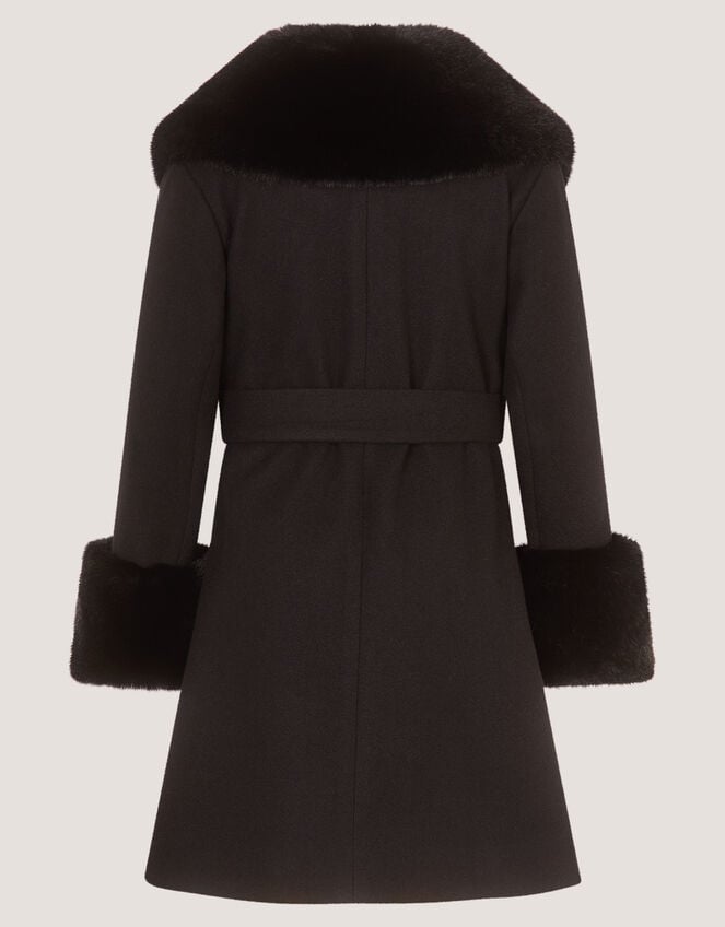 Faux Fur Collar Belted Coat, Black (BLACK), large