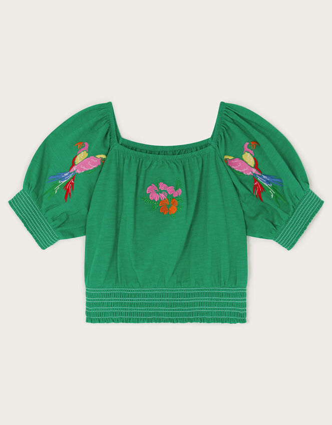Embroidered Parrot Puff Sleeve Top, Green (GREEN), large
