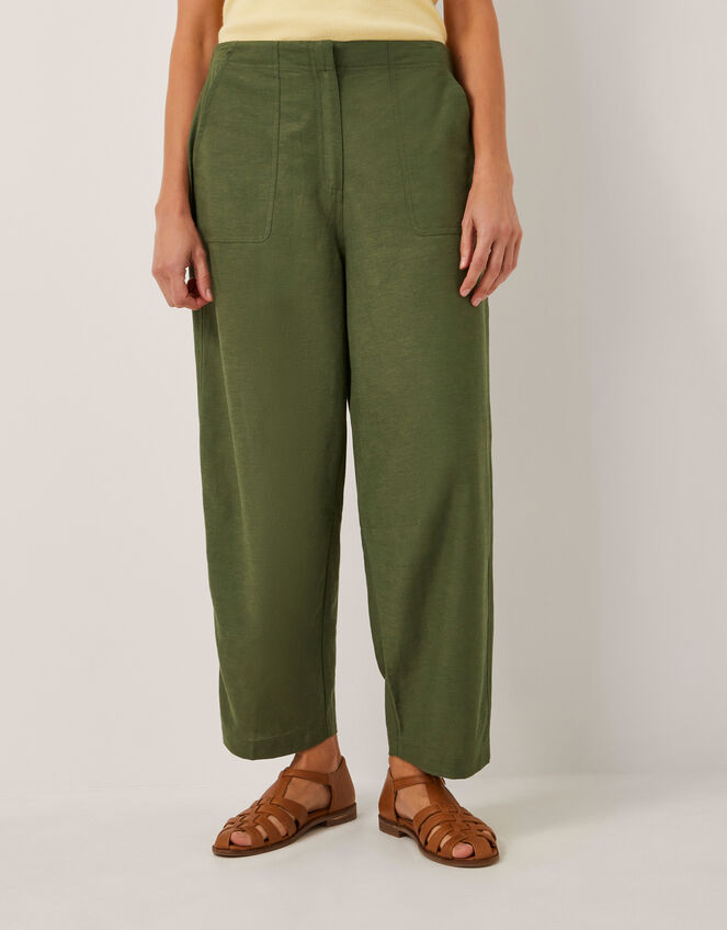 Joanie Linen Blend Barrel Trousers, Green (KHAKI), large