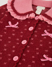 Frill Collar Bow Cardigan, Red (BURGUNDY), large