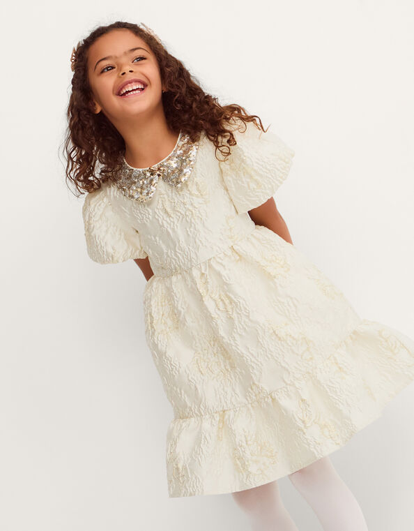 Josephine Puff Sleeve Jacquard Party Dress, Gold (GOLD), large