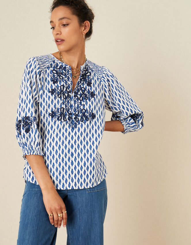 Ikat Embroidered Top in Organic Cotton, Ivory (IVORY), large