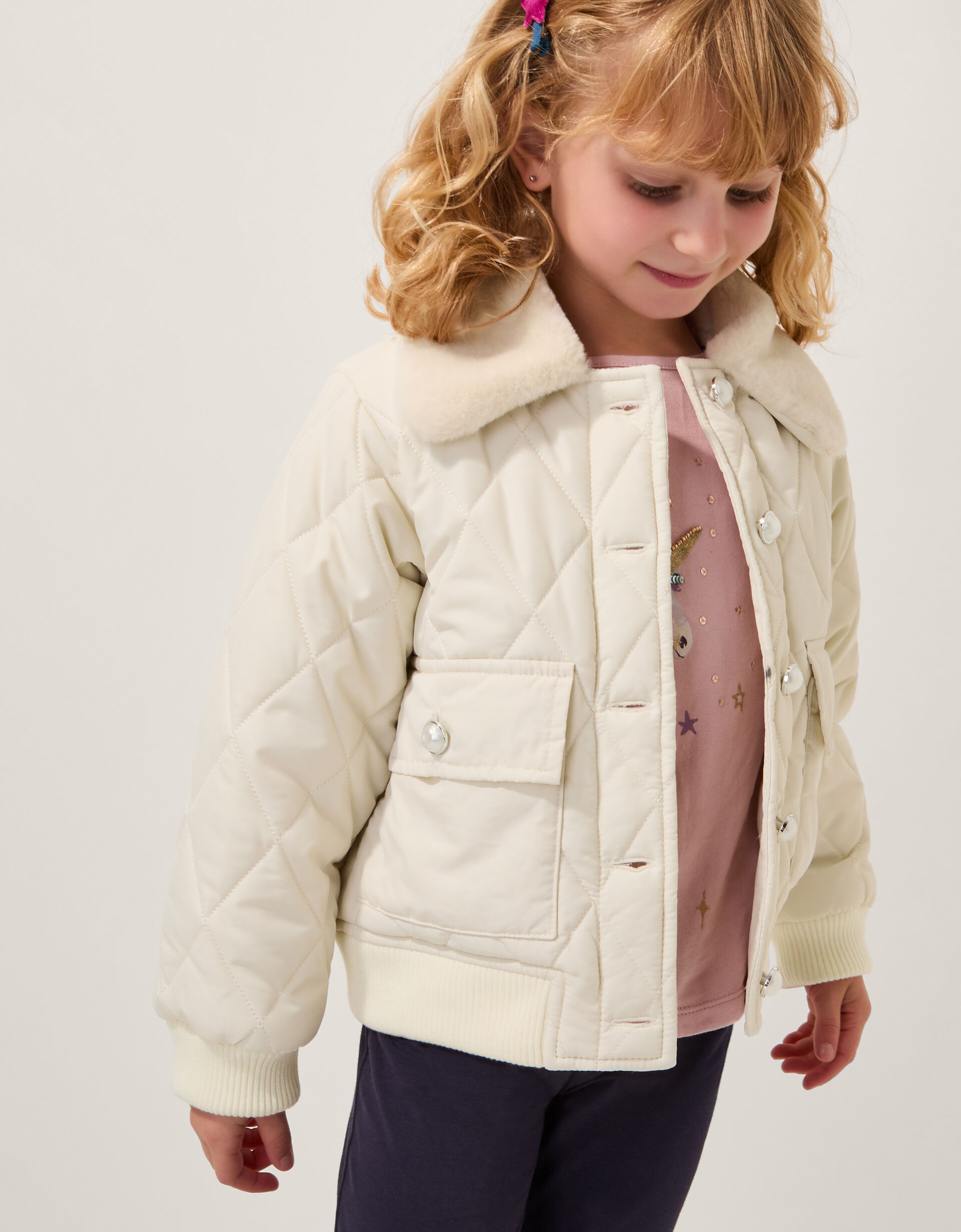 Faux Fur Collar Quilted Bomber Jacket Cream