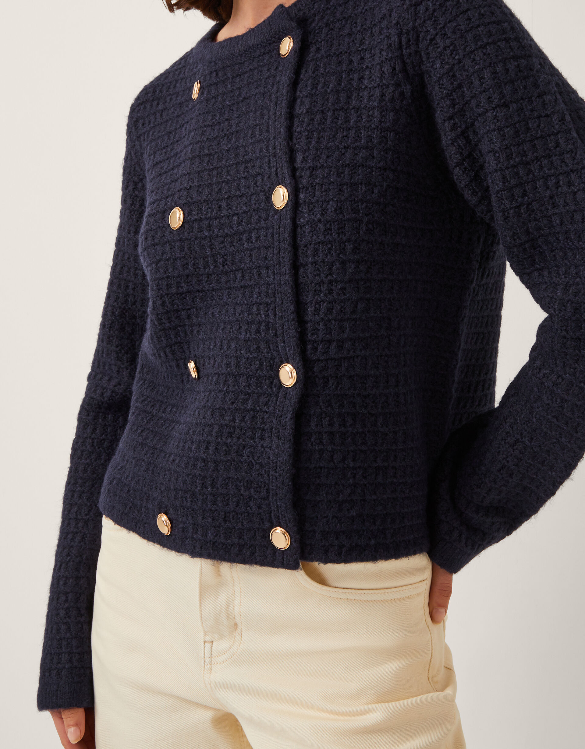 Skye Double-Breasted Waffle Knit Cardigan Blue | Cardigans