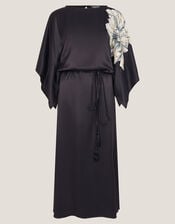 Emilia Floral Satin Kimono Dress, Black (BLACK), large