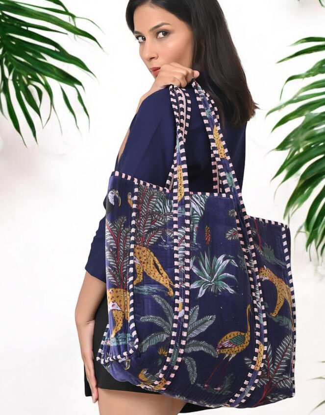 Conscious Yoga Collective Velvet Jungle Print Tote Bag, Blue (NAVY), large