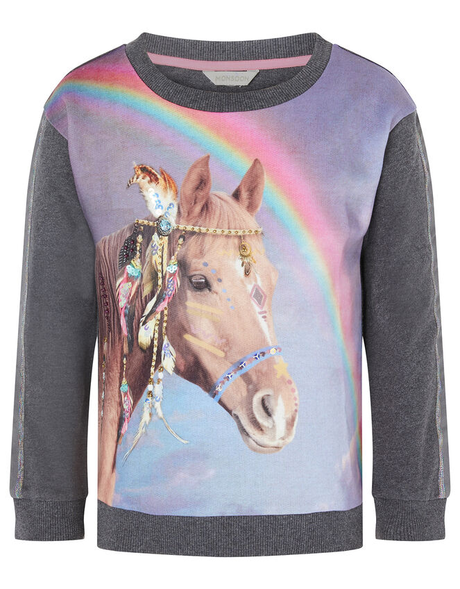 Sequin Horse Rainbow Sweatshirt, Grey (CHARCOAL), large