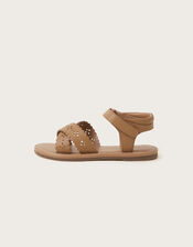 Leather Cutwork Sandals, Tan (TAN), large