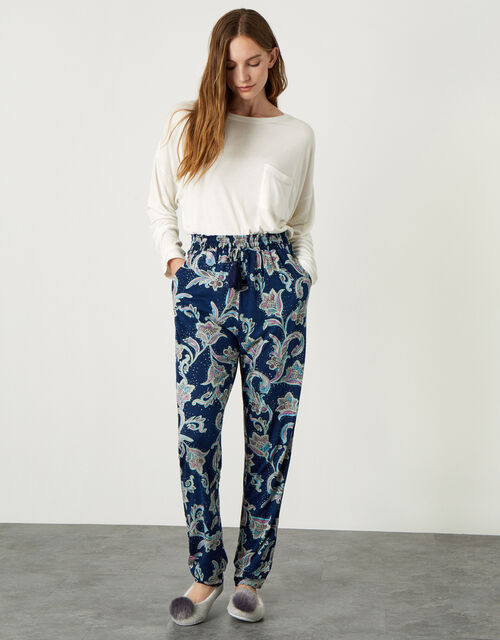 Paisley Print Jersey Trousers, Blue (NAVY), large